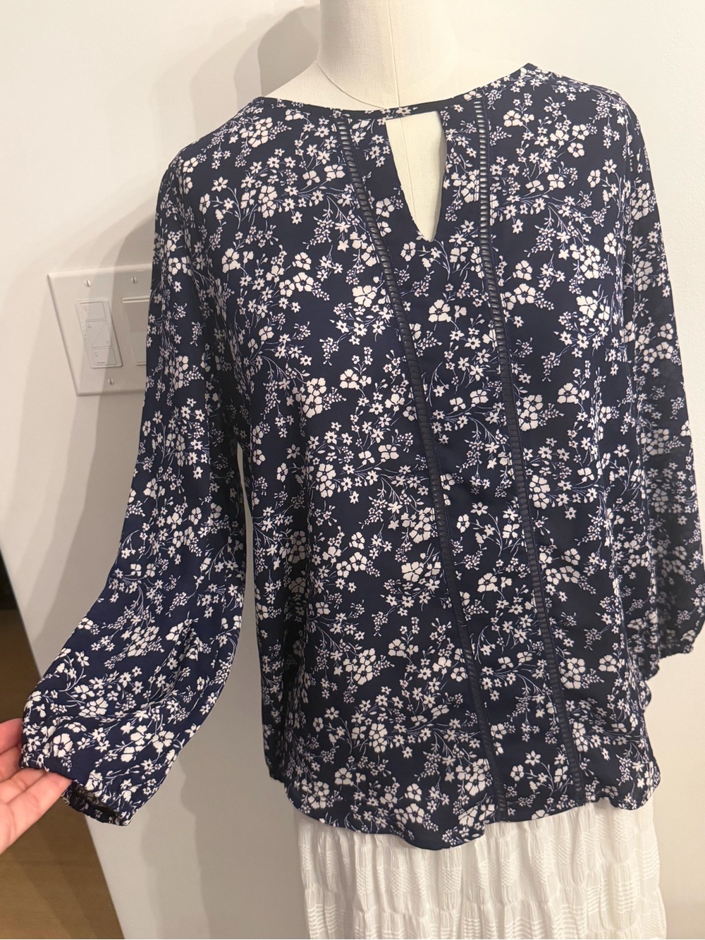 Collective Concepts Navy and White Floral Peasant Blouse